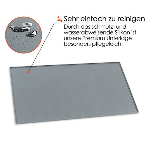 PetCareson Napfunterlage Hund, Katzen inkl. Überwurfdecke I Hochwertige wasserdichte u. rutschfeste Unterlage für Katzennapf und Hundenapf I Fressnapf-Matte, Silikon m. Rand I Grau I 48x30cm
