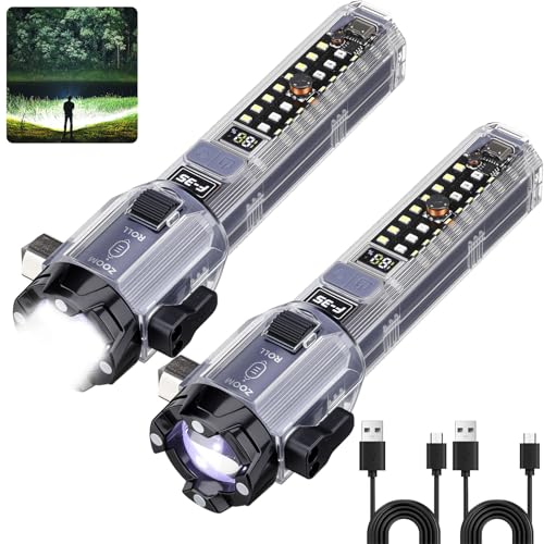 Car Emergency Flashlights Rechargeable 2Packs, 990,000L High Lumens Car Flashlight Emergency Kit, 7 Modes Tactical LED Flash Light with Window Breaker, Belt Cutter, Alarm Buzzer, Magnet, USB C for Car
