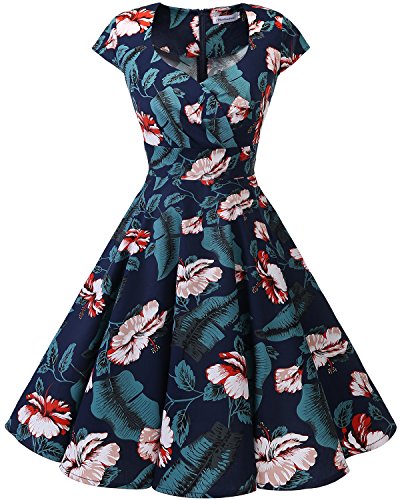 Bbonlinedress Robe Vintage de soirée Cocktail Déguisement Bal Années 50s 60s Col en V Navy White Flower M