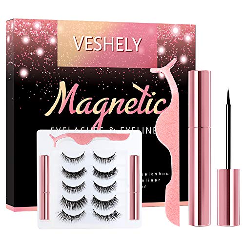 VESHELY Magnetic Eyelashes with Eyeliner,3D Natural Look False Lashes Kit with Applicator,Short and Long Magnetic Lashes Set - No Glue Needed