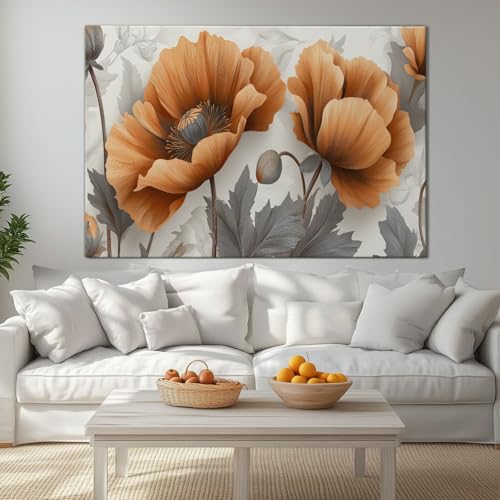 Toile campagne fleurs orange pour salon moderne : tableau décoratif de chambre 100x75 cm