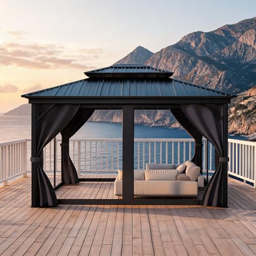 GarveeLife 12 ft x14 ft Hardtop Gazebo for All Weather with Double Metal Roof Aluminum Alloy Frame Net and Curtain Permanent Building for Patio Deck Backyard Lawn and Garden Gray