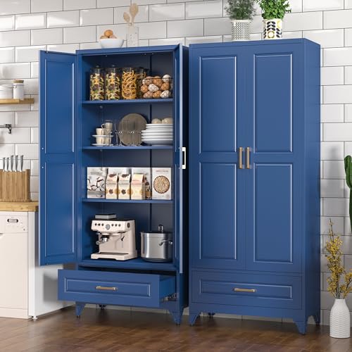 Image of Polup Metal Storage Cabinet,75 inch Tall Kitchen Pantry Storage Cabinet with Doors and Adjustable Shelves, Blue Metal Pantry Cabinets with Drawer, Large Cupboard for Kitchen, Dining Living Room