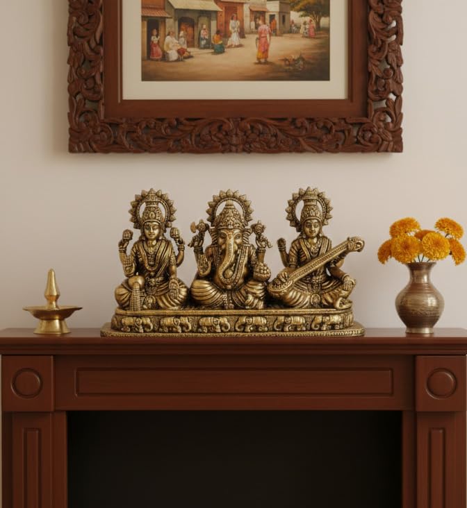 Estatua tradicional de Lakshmi Ganesh Saraswati en latón con acabado antiguo miniatura 6