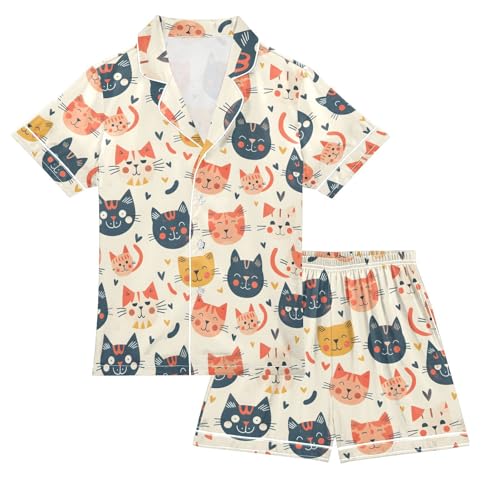 ALAZA Cat Kitten with Love Heart Pajamas Satin Pajama Set Short Sleeve Button Down Sleepwear