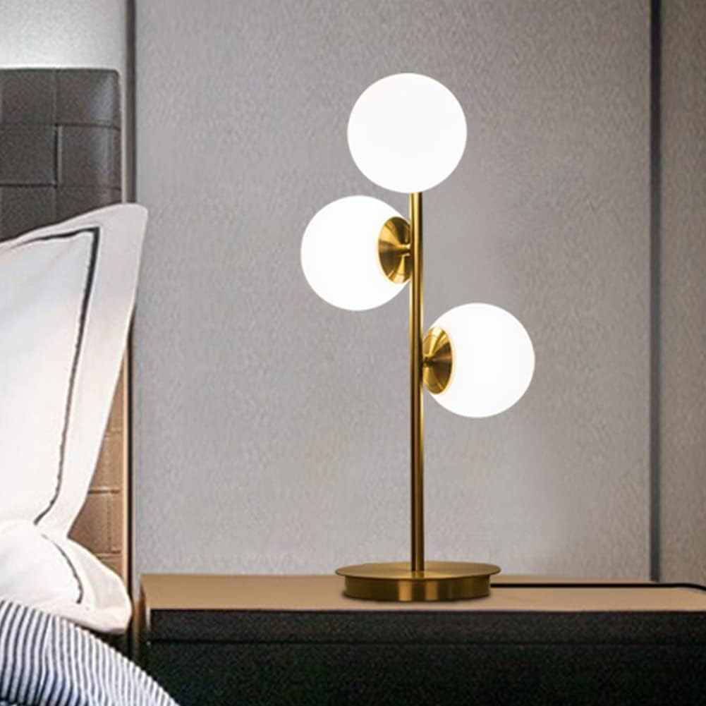 Modern Globe Glass Table Lamps 3-Light Mid-Century Clear Desk Light Plug in Gold Metal Decor Bedroom Bedside Study