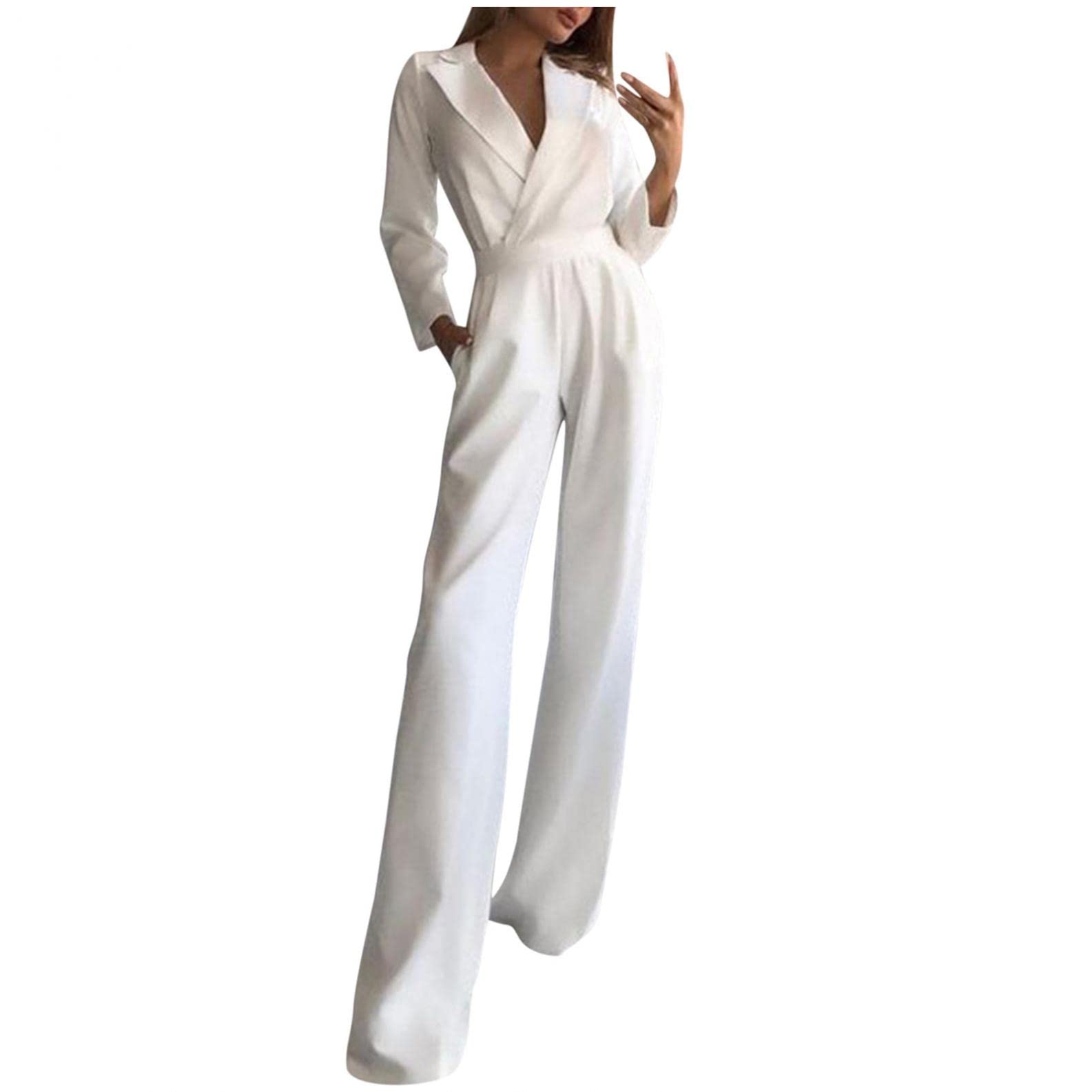SonnenaJumpsuit Women's OL One-Piece Elegant Long Sleeve Summer Playsuit Long V-Neck Casual Loose Overalls Long Romper with Belt Romper Playsuit Trouser Suit
