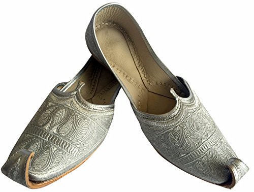 Men's Flat Full Silver Zari Khussa Shoes Traditional Indian Leather Loafer Punjabi Jutti2