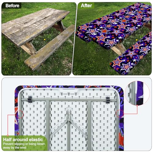 Image of Picnic Table Cover with Bench Covers 6FT 3 Pcs Waterproof Windproof Aesthetic Camping Tablecloth with Drawstring Bag, Fitted for 6 Foot Rectangle Tables and Seats, 72 inch, Red Blue Stars