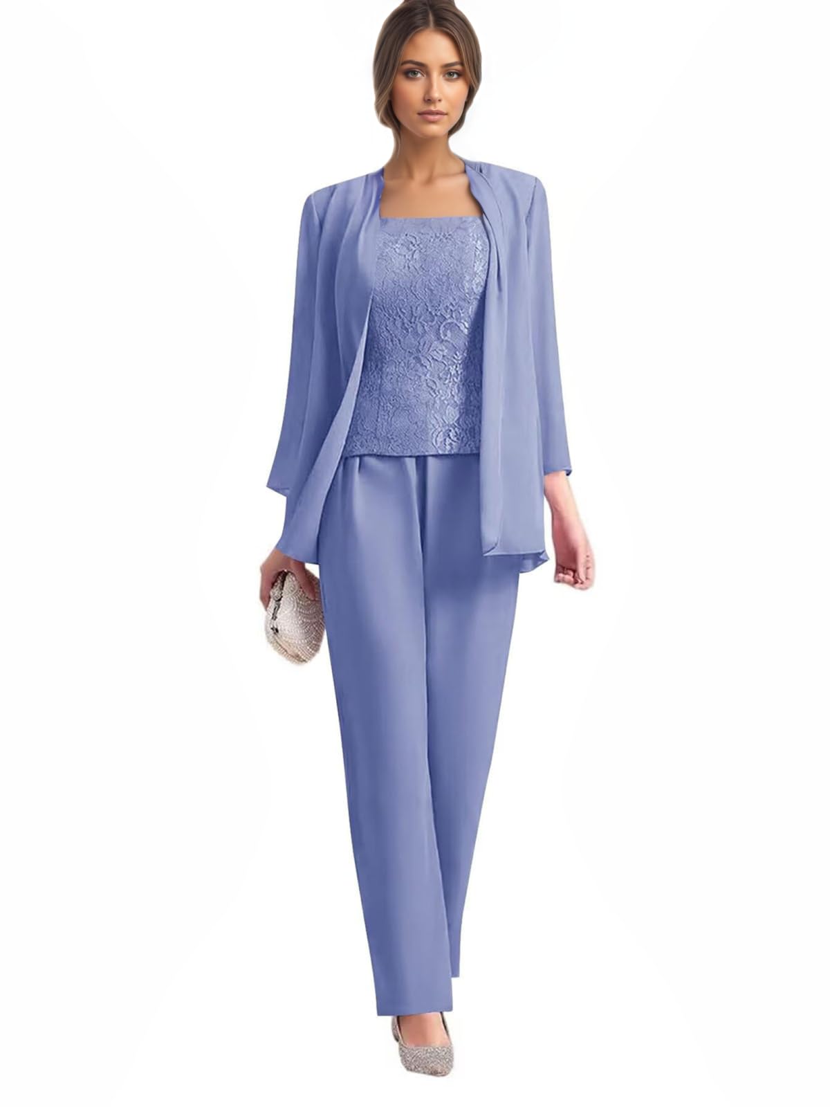 Lavender Plus Size Chiffon Mother of Bride Pant Suits with Jacket Lace 3 Pieces Pantsuit for Women Dressy