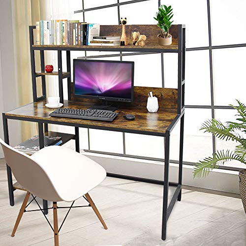 Bizzoelife Computer Desk with Hutch and 2-Tier Bookshelf，47 Inches Modern Writing Study Desk with Storage Shelf for Small Space, PC Laptop Table Workstation for Home Office to Saving Space(Retro) - Thumbnail 5