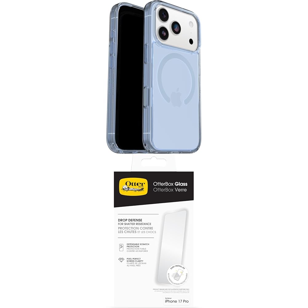 OtterBox Symmetry Series Clear MagSafe funda para iPhone 17 Pro, Testada 3x con los estándares Militares anticaídas, Transparente/Azul + OtterBox Glass Protector de Pantalla de Cristal Templado