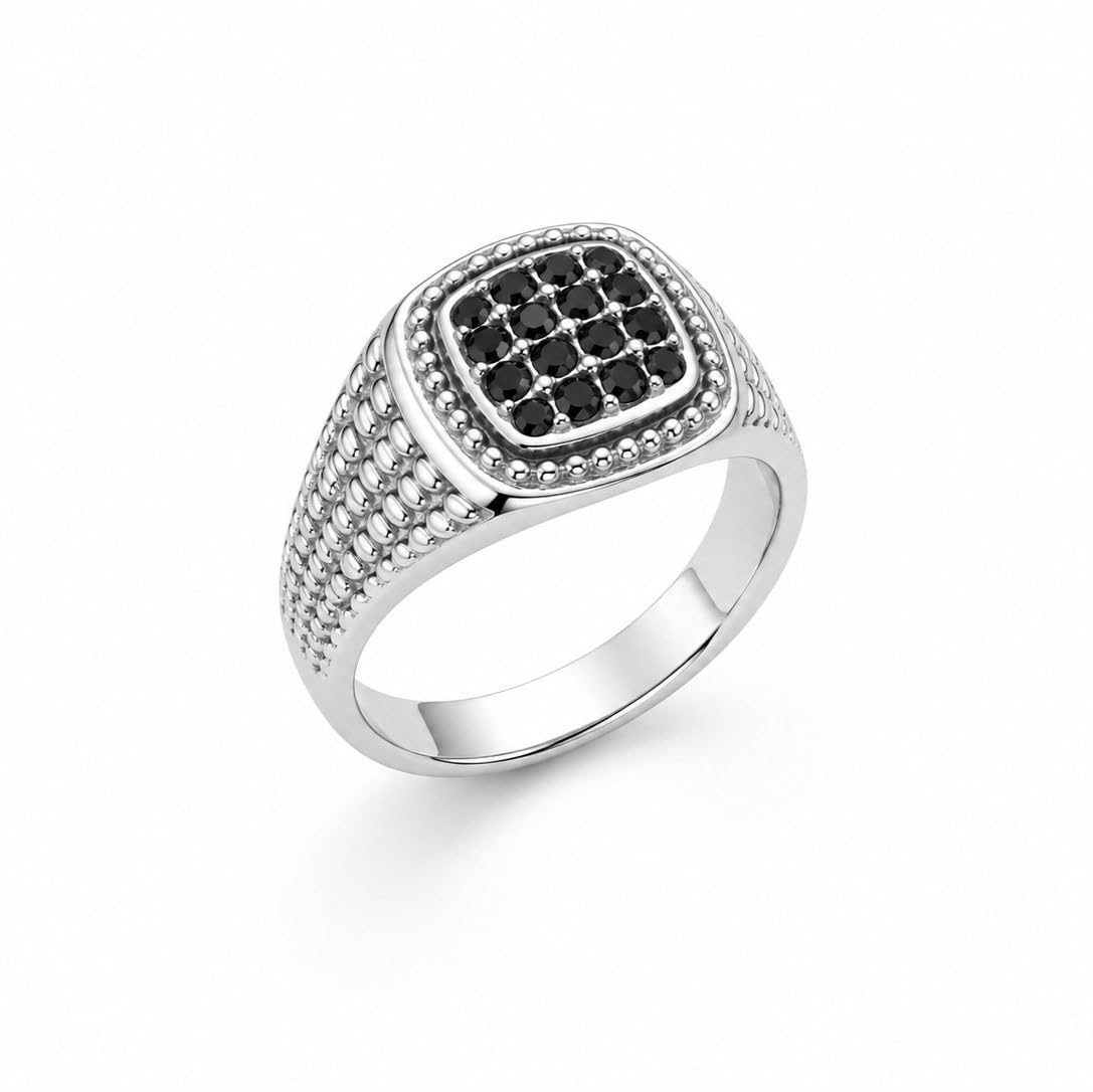 Men's Stainless Steel Black Crystal Studded Signet Ring, Square Top Luxury Cocktail Style-image-29
