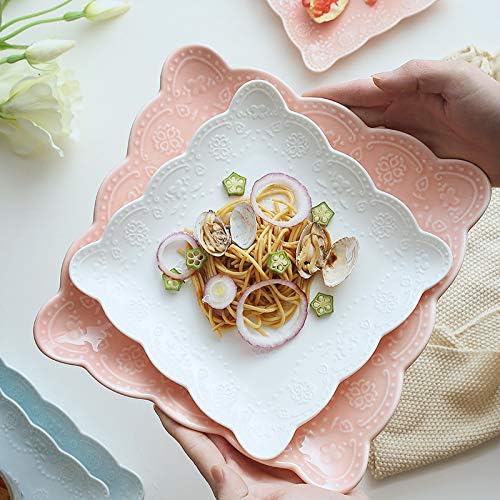 Miniatura 7 de Jusalpha Juego de platos cuadrados de cerámica de encaje en relieve, platos de pastaensaladapostre, lavavajillas, microondas, juego de vajilla para