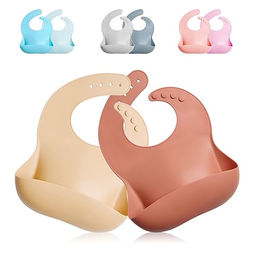 Babero de silicona para bebé, baberos impermeables sin BPA, 2 unidades ajustables, Azul, café