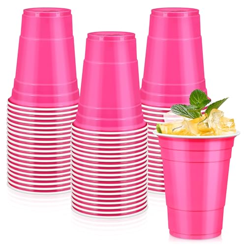 LANLISA 50 Hot Pink Plastic Cups 16 oz Disposable Cups Drinking Cups For Birthday Party Valentines Mothers Day