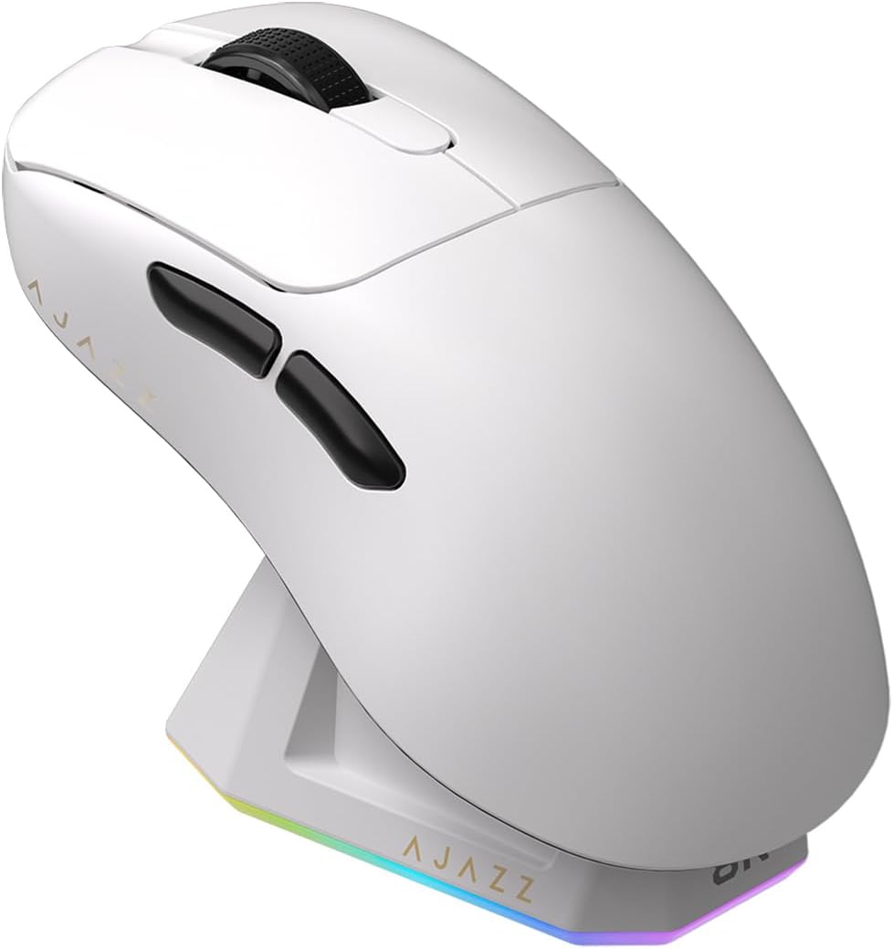 KDSTROE AJ179 AJAZZ AJ179 PRO Wireless Gaming Mouse Supports 1K 4K 8K Polling Rate with Magnetic Charging Dock, High Speed Wireless, PAW3395 Sensor, 26000DPI, 650IPS 50G Acceleration, 58 Grams, Lightweight, BT/2.4G/Wired 3 Modes AJ179 PRO, White