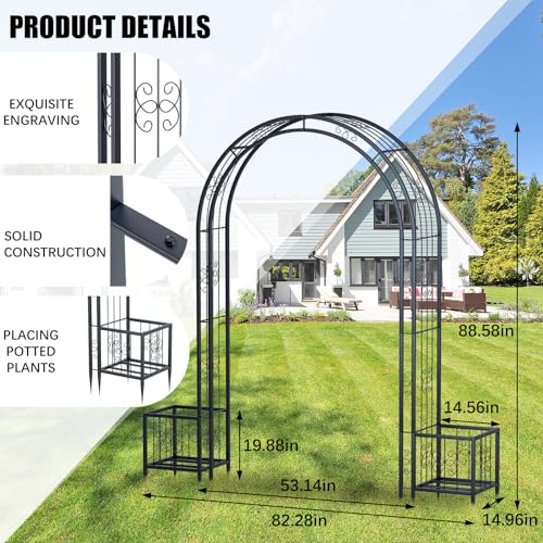 Arbuxzuy 88in Steel Garden Arch Arbor Trellis with Planter Boxes for Climbing Plants Outdoor, Yard, Wide Sturdy Durable Garden Arch for Lawn,Outdoor Wedding Arch(Black)