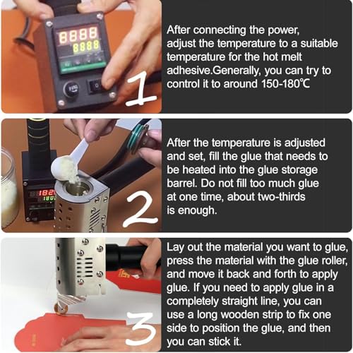 Hot Melt Glue Dispenser, Professional Hand Push Roller, Adjustable Temperature 50-220℃, Digital Display, Ideal for Leather Packaging, Includes Multiple Glue Rollers, 50ml