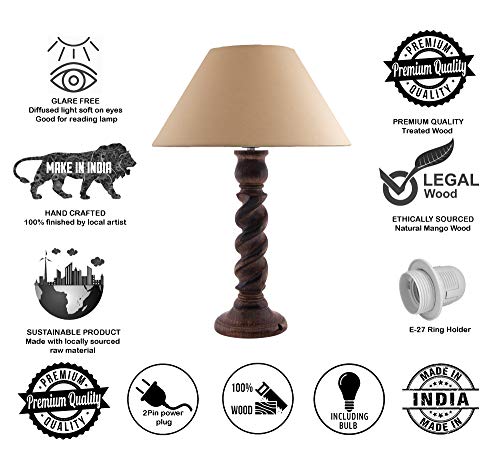 Image of Homesake Handcrafted Wooden Table Lamp for Bedroom & Living Room|Decorative Bedside Reading Lamp, E27 Holder|Bulb Included |Twister Classic Black Wooden Rustic for Home Decor, Golden Cone Shade
