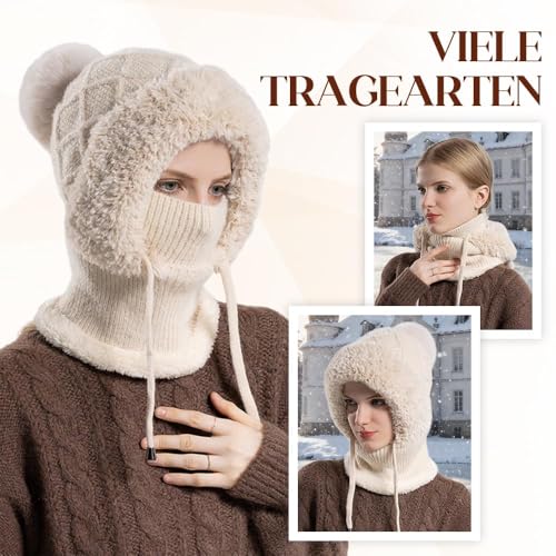 Enitmor Wintermütze Damen, 3 in 1 Strickmütze mit Fleece, Balaclava & Halswärmer Set, Warme Multifunktionale Beanie Mütze mit Gesichtsschutz für Outdoor, Skifahren & Alltag (Beige)