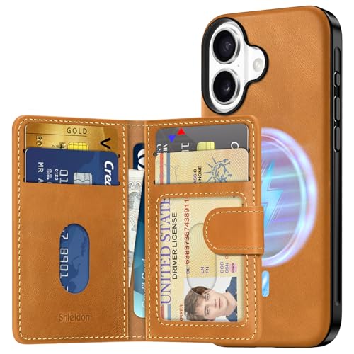 SHIELDON iPhone16 対応 ケース 本革レザー 磁気吸着ウォレット 分離可 6枚カード収納 [RFIDブロッキング] 磁気充電可 背面保護 あいふぉん16用カバー 滑り止め 軽量 指紋防止 カメラ保護 携帯便利 アイホン16 対応 スマホケース 2024年発売 6.1インチ 5G レトロライトブラウン