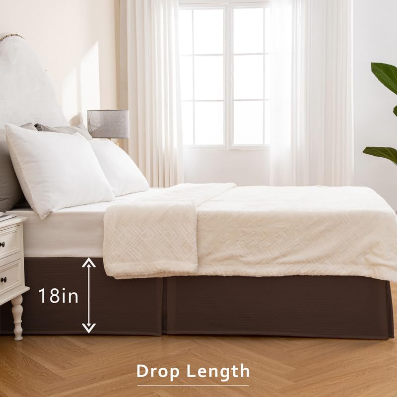 Image of MIYE Pleated Waffle Weave Bed Skirt, Tailored Dust Ruffle 18 Inch Drop Easy Fit, Machine Washable (Brown, Queen - 18 inch Drop)