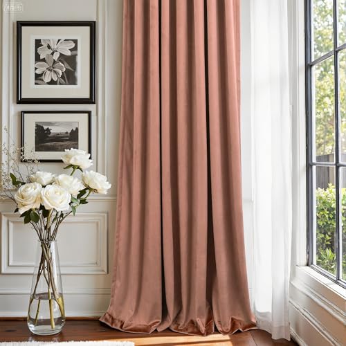 Image of Pitalk 96 Inch Cinnamon Velvet Blackout Curtains Chic Modern Farmhouse Vintage Luxury Back Tab Pleated Thermal Insulated Light Blocking Velvet Drapes for Bedroom Living Room Wide 52x96 in Long 2 Panel