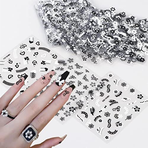 30 Sheets Black Flower Nail Art Stickers 3D Self Adhesive Retro Floral Nail Decals Holographic Lace Hearts Bow Ties Design With Rhinestones Nail Art Supplies For Women Manicure Decorations #TOP1