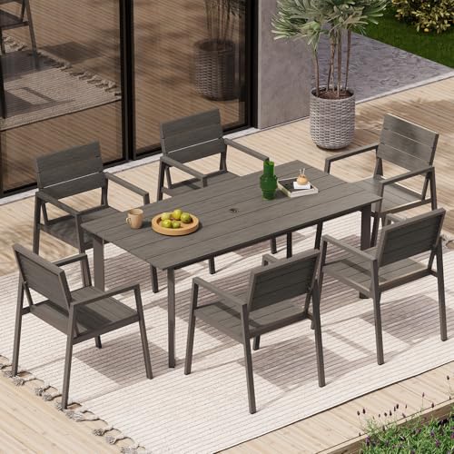 Oasbira Outdoor Patio Dining Table Sets 7-Piece Aluminum and HDPS All-Weather Table and Chairs with Umbrella Hole, Patio Modern Furniture Sets for Garden, Backyard, Lawn, and Poolside, Charcoal