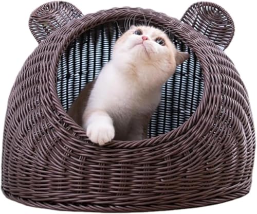 Vilom キャットハウス ドーム型 猫ちぐら 籐編み 猫ベッド 通気性 半密閉デザイン 四季通用 おしゃれ 猫小屋 丸洗い可能 大型猫対応 籐製キャットハウス ペットベッド 犬小屋兼用 (コーヒー色,50*50cm)