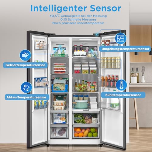 Midea MDRS791MIC28 Side-by-Side koel-/vriescombinatie, No Frost/WiFi-besturing/inverter compressor/176,5 cm hoog/379 l koelen/219 l vriezen/dubbele bediening/SuperCool/37dB, jazz zwart - Image 5