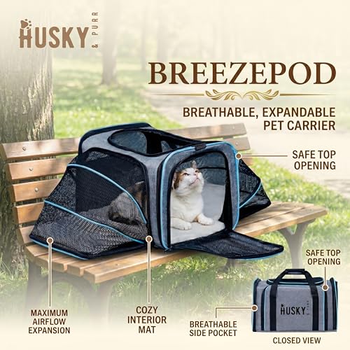 Image of Husky & Purr BreezePod Cat Bag Carrier for Cats & Small Dogs | Airline Approved Expandable Pet Carrier | Breathable Anti-Scratch Cationic Polyester Dog Bag, Up to 9kgs