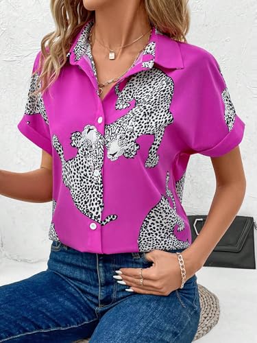 WDIRARA Women's Leopard Print Button Down Blouse Short Sleeve Collared Casual Shirt Top4