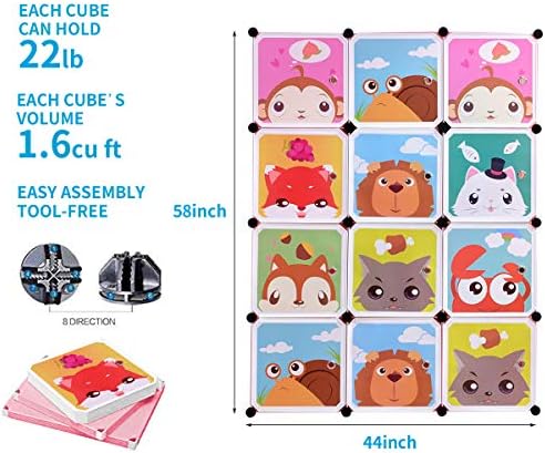 BRIAN & DANY Cartoon Clothes Closet Wardrobe DIY Modular Storage Organizer, 8 Cubes & 2 Hanging Sections, Pink, 110 x 47 x 147 cm