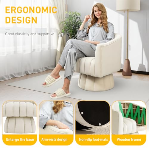 Accent Chair Mid Century 360 Degree Swivel Chair,Modern Lounge Sofa Round Barrel Chair with Wide Upholstered,Fluffy Velvet Fabric Chairs for Home Sofa Living Room/Bedroom/Waiting Room (Beige) - Image 7