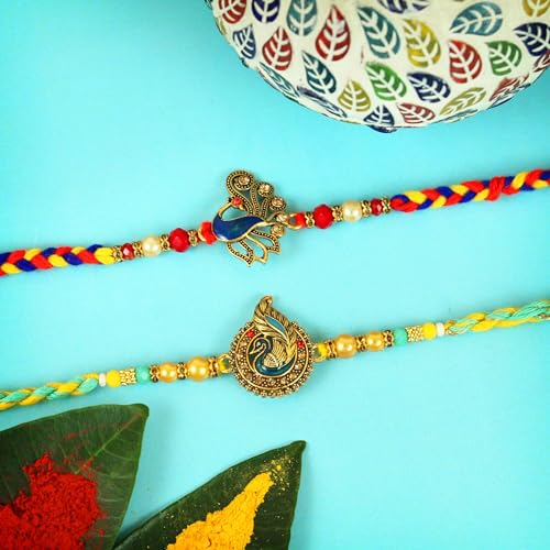 Image of TIED RIBBONS Rakhi for Brother - Set of 2 Premium Rudraksha Trishul Bracelet Rakhi for Brother Bhaiya Kids Boys Men with Greeting Card and Roil Chawal Tika