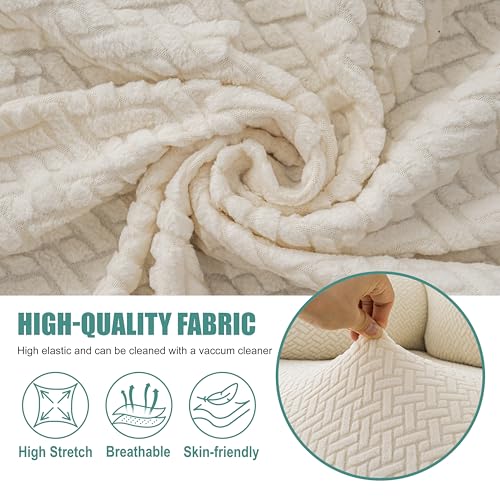 Image of Genina Recliner Loveseat Covers with Console, Stretch Reclining Sofa Covers, 2 Seater Couch Cushion Stripe Jacquard Recliner Slipcovers - Furniture Protector Covers for Pet Kid (Beige)