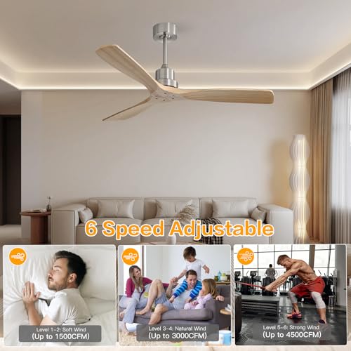 Image of Sofucor Solid Wood Ceiling Fan no Lights, 52 Inch Quiet 6-Speed 3 Blades Reversible LED Ceiling Fan, Farmhouse Rustic Fan with Dimmable Light for Living Room Bedroom Home Office Cafe Patio Porch