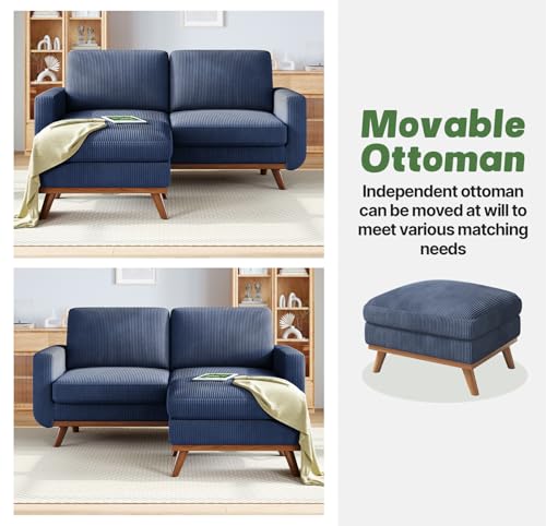 Image of Vesgantti 68 inch Loveseat Sofa with Movable Ottoman, Comfy Corduroy Couch with Spring Cushion, Sofa Couch with Solid Wood, Modern Office Sofa with Deep Seat for Living Room and Bedroom, Dark Blue