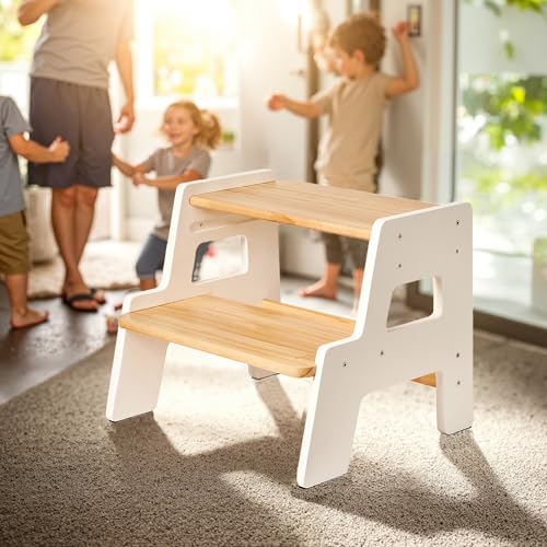 Image of Toddler Step Stool for Kids - Height Adjustable Non-Slip Wooden Step Stool for Bathroom Sink, Kitchen & Potty Training 2-Step - White