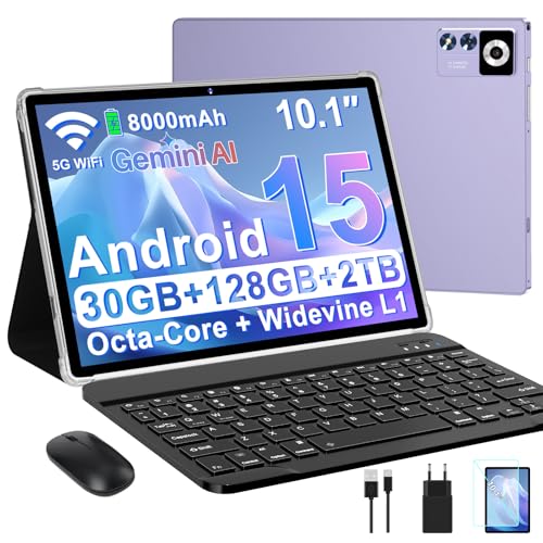 ZIOVO Android 15 Tablet 10 Pulgadas con Gemini AI, 30GB RAM + 128GB ROM (TF 1TB), 5G WiFi, Octa Core, 2.0GHz, Widevine L1, 8000mAh, Bluetooth 5.0, GPS, Face ID, Tablet con Teclado y ratón   Violeta