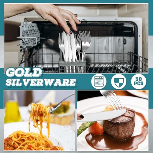 Nuenen 100 Pieces Stainless Steel forks and knives Dinner Flatware Set Tableware Cutlery for Butter Kitchen Restaurant, Dishwasher Safe(Silver,9.06 Inches, 8.07 Inches) by Nuenen - Image 6