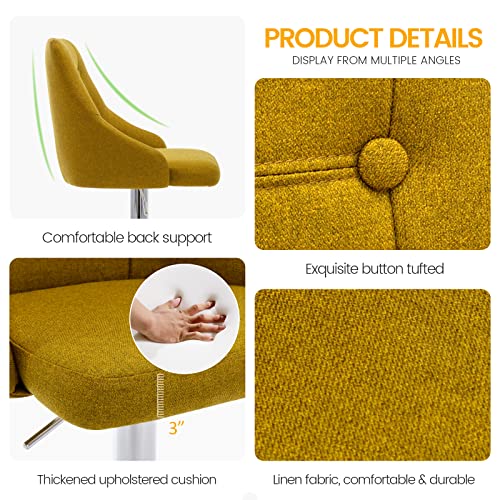 Brage Living Swivel Bar Stool With Back, Adjustable Fabric Tufted Barstool, Upholstered Counter Height Airlift Bar Chair For Kitchen Dining Cafe (Yellow) #TOP3