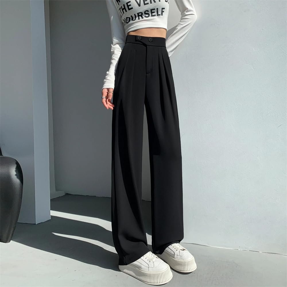Hndudnff Pantaloni da donna a vita alta a gamba larga estivi eleganti dritti larghi pantaloni da lavoro aziendali