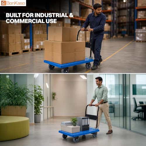 Image of Bonkaso Heavy Duty Platform Truck 500 Kg Load Capacity, Foldable Metal Handle, Blue Anti-Slip Plastic Deck, TPR Wheels, Reinforced Base, Material Handling Trolley for Warehouse & Industrial Use