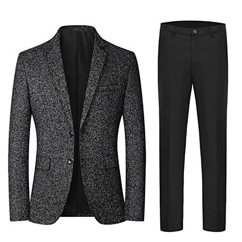 Men's 2-Piece Suit Linen Jacket with Black Trousers for Business Casual Daily