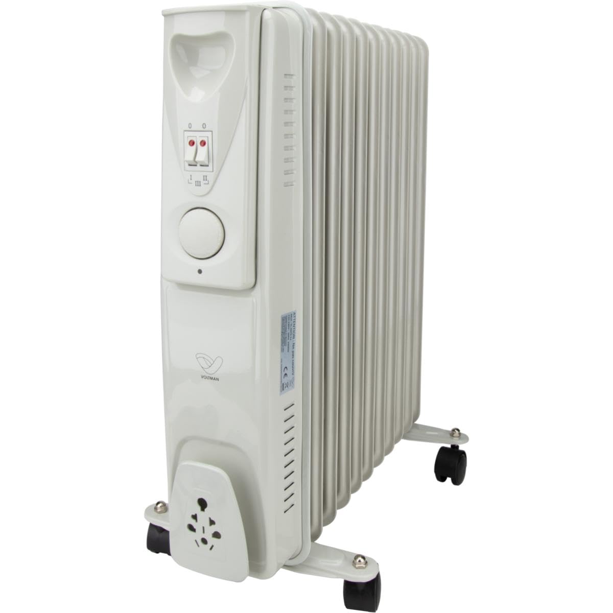 VOLTMAN, Radiador de aceite móvil de 2500 W, Termostato regulable, De 3 a 5 niveles de calefacción, Ruedas integradas, Silencioso, Ideal para salas de estar, Blanco