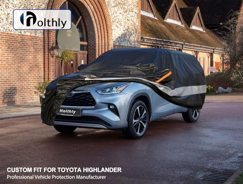 Image of Holhtly Car Cover Custom Fit for Toyota Highlander, Car Covers for Automobiles All Weather Waterproof Sun Snow Rain Wind Dust Protection, Outdoor Car Cover Black & Grey