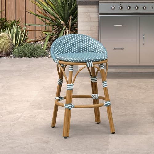 Image of PURPLE LEAF Patio Oversized Backrest Counter Height Stool Set of 1 Outdoor Round Barstools Aluminum Frame in Bamboo Finish Woven Rattan for Indoor Kitchen Dining Bistros Cafe Restaurant Light Blue